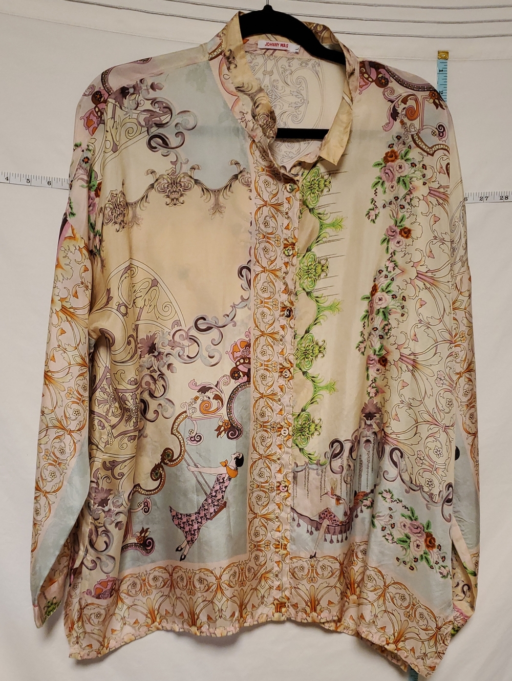 Johnny Was 100% Silk Button Down Floral Blouse Large Art To Wear Boho